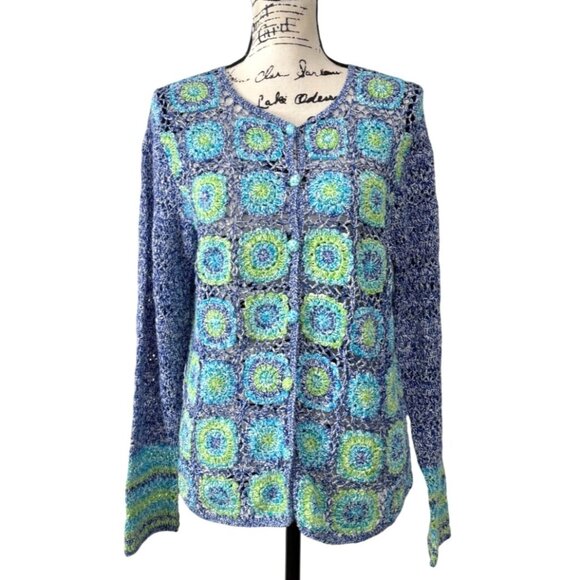 Appleseeds Crochet Cardigan Sweater Blue Green Button-Up Womens Size M NEW - Picture 1 of 8